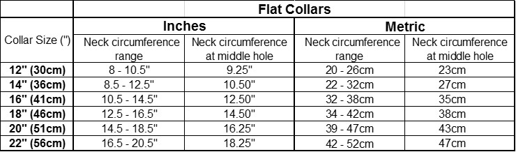 Flat Collar Size Chart
